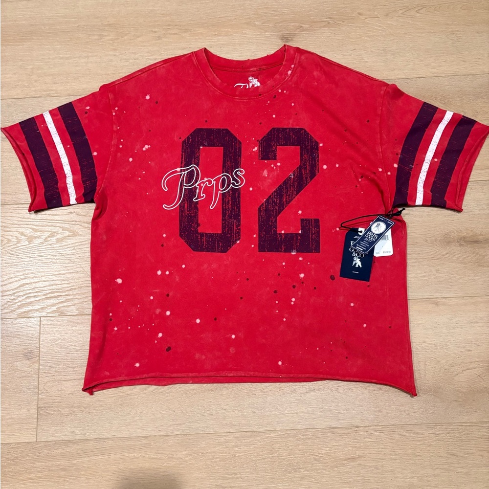 PRPS Jeans Distressed Red and Black Boxy Oversized Varsity Shirt.